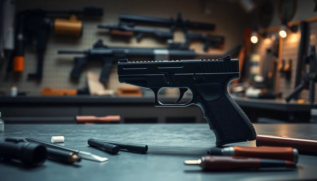Crafting a polymer 80 pistol frame kit on a workbench with tools and focused details.