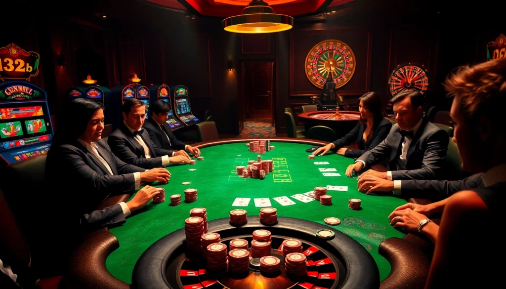 Experience thrilling poker action at 123b casino with vibrant players and luxurious decor.