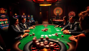 Experience thrilling poker action at 123b casino with vibrant players and luxurious decor.