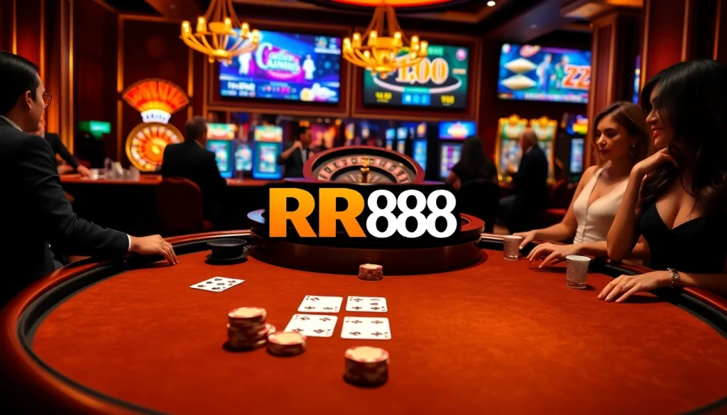 Experience the excitement of RR88's online gambling with vibrant casino elements and engaging visuals.