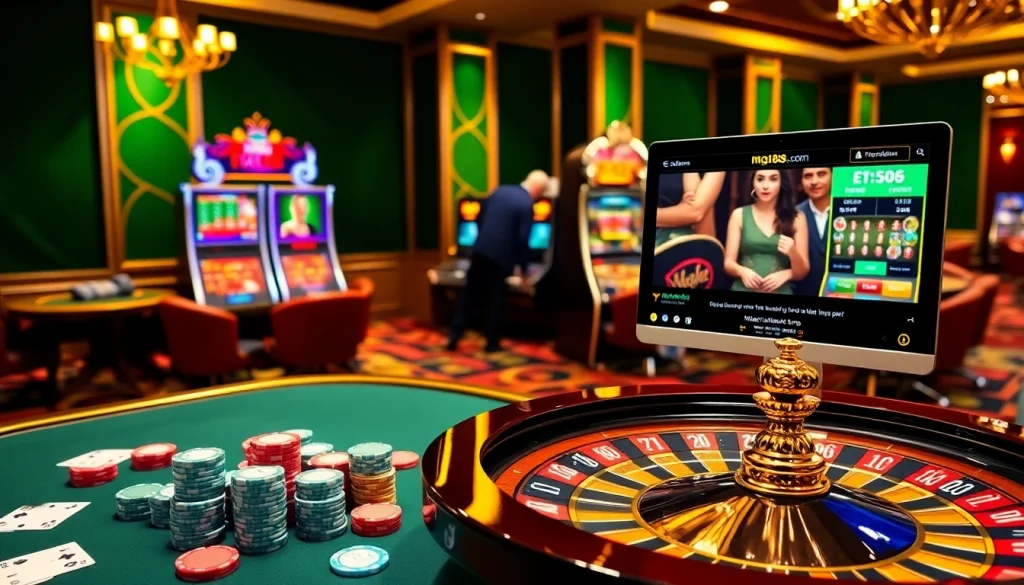 Experience the excitement of mg188s.com with a luxurious casino scene featuring vibrant games.
