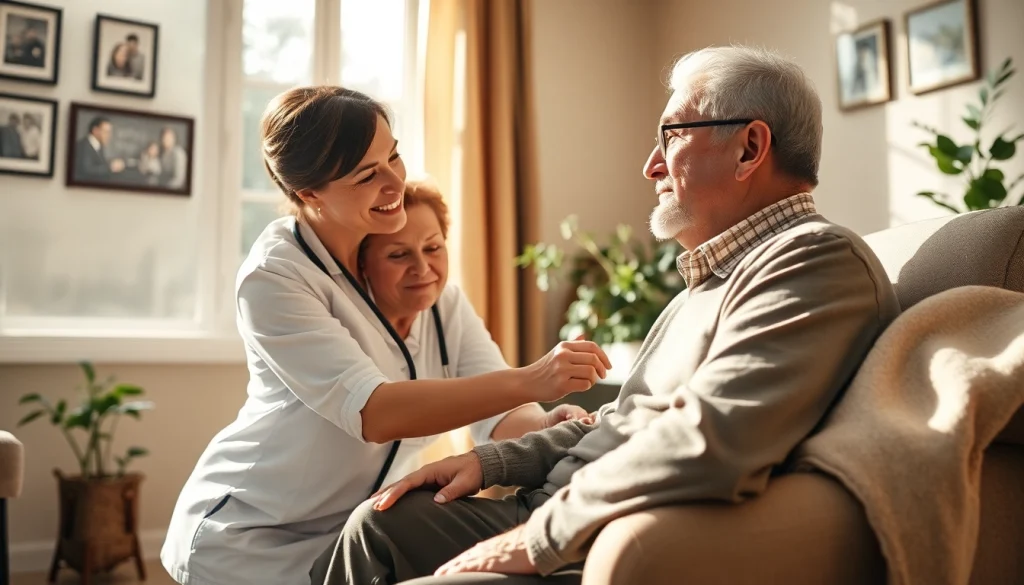 Caregiver providing compassionate in home care austin tx service to an elderly gentleman in a cozy living room.