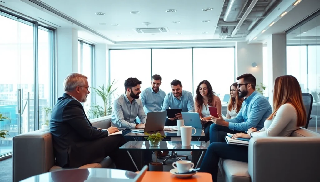 Agency team collaborating in a modern office setting, emphasizing teamwork and strategic planning.