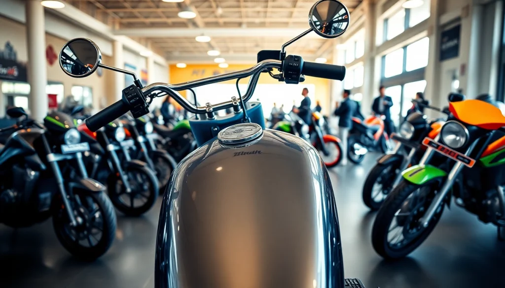 Motorrad Verkaufen Ankauf in einer lebendigen Motorrad-Verkaufsumgebung mit glänzenden Motorrädern.