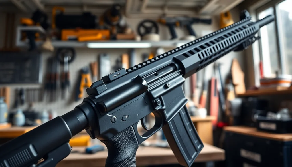 Showcasing a 3 position forced reset trigger mechanism on an AR-15 rifle in a workshop setting.