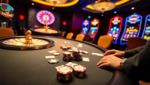High-stakes poker action at ta88c with chips, cards, and a roulette wheel.