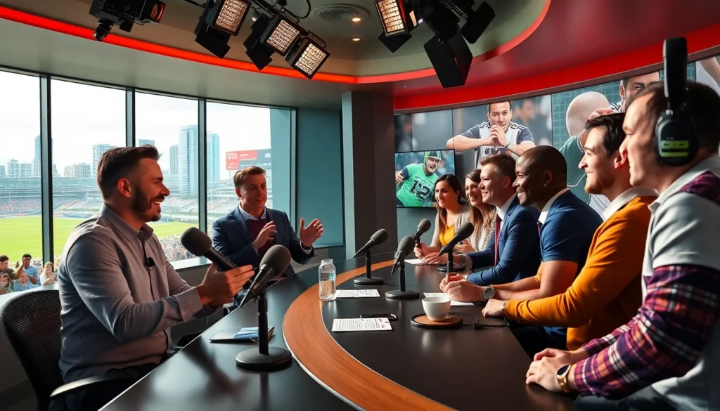 Engaging sports personalities from https://sportnation.nz in a lively broadcast studio.