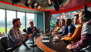 Engaging sports personalities from https://sportnation.nz in a lively broadcast studio.
