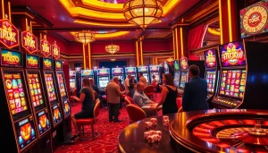 A thrilling scene of players enjoying toto slot machines in a luxurious casino environment, full of excitement and energy.