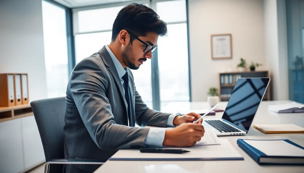 Professional jurado translator working diligently on official documents in a modern office.