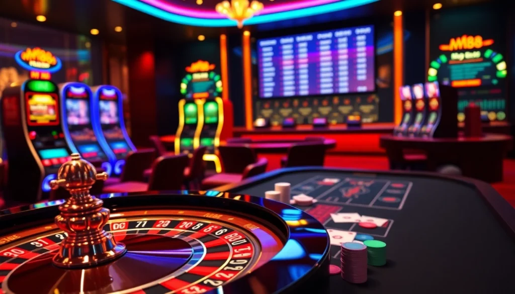 Experience luxury gaming at https://mm88.sa.com/ with a vibrant casino scene showcasing roulette and poker tables.