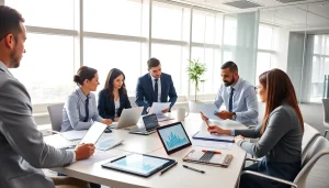 Audit Services in UAE: Professional team collaborating on financial audits in a modern office.