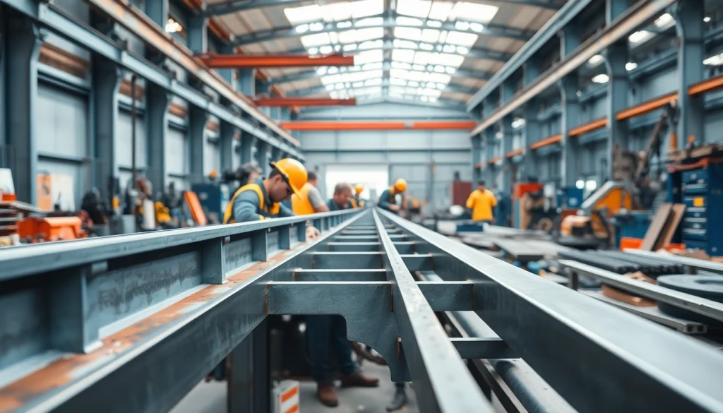 Showcasing structural steel fabrication, skilled workers expertly shape metal beams and frames in a workshop.