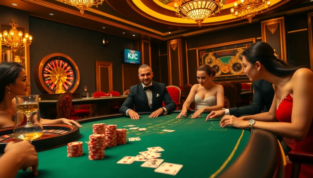 Players enjoying a high-stakes poker game in a KJC-branded luxurious casino environment.