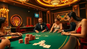 Players enjoying a high-stakes poker game in a KJC-branded luxurious casino environment.