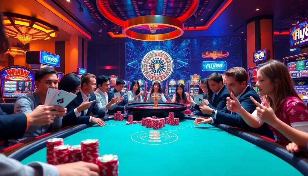 Experience the thrill of Fly88 casino with players engaging in high-stakes poker and vibrant slot machines.