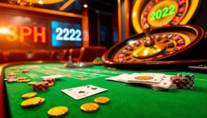 Experience excitement at PH222 with poker chips and cards on a casino table.
