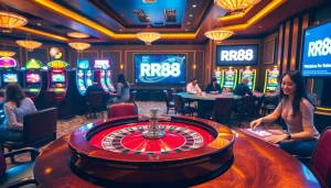 Players enjoying roulette and poker at RR88's vibrant casino, showcasing excitement and luxury.
