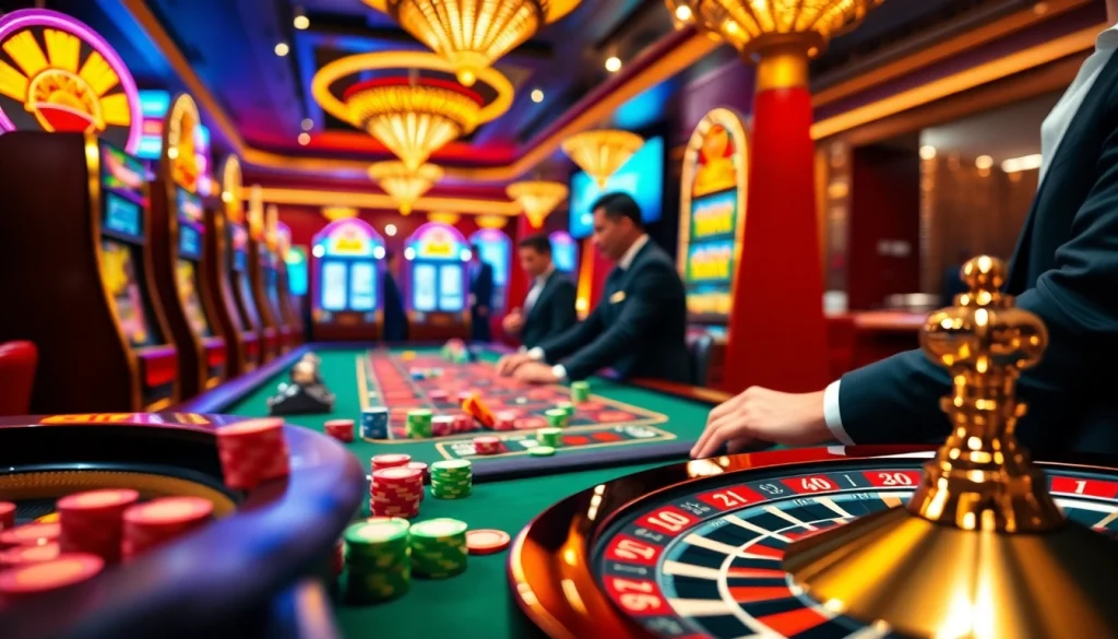 SHBET themed casino gaming table featuring colorful chips and bright slot machines.