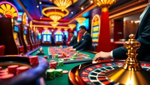 SHBET themed casino gaming table featuring colorful chips and bright slot machines.