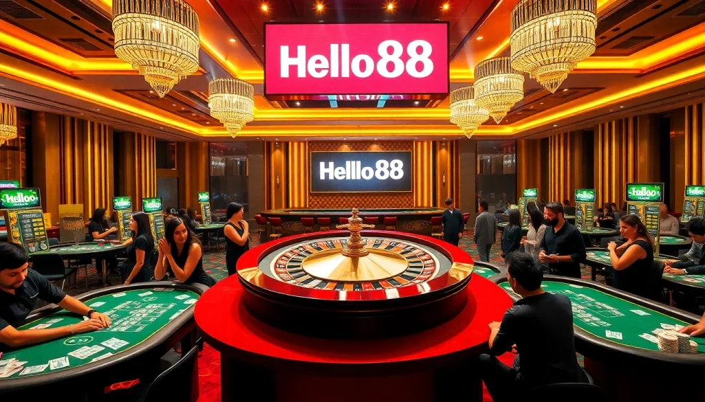 Engaging players at a luxurious casino table featuring Hello88 branding and vibrant poker chips.