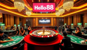 Engaging players at a luxurious casino table featuring Hello88 branding and vibrant poker chips.