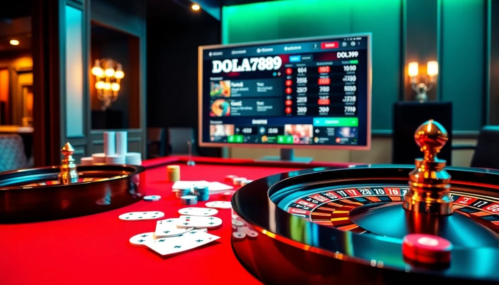 DOLA789 offers an exciting casino experience with vibrant chips and cards on a luxury table.