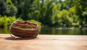 Showcasing a Fly fishing line coiled on wood by a river, highlighting its texture and vibrant surroundings.
