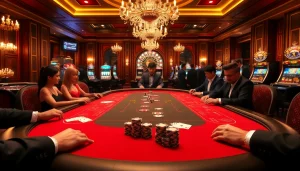 Masuki kemewahan kehidupan kasino dengan login Dewanaga89 di meja poker mewah dikelilingi chip-chip berwarna-warni.