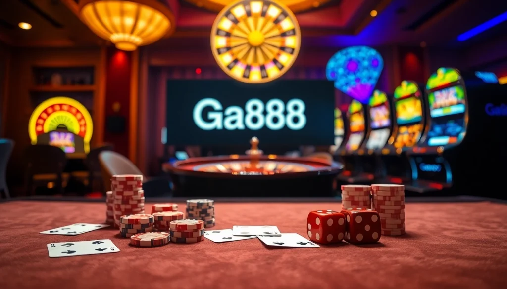 Ga888 gaming action at a vibrant casino table filled with cards and chips.