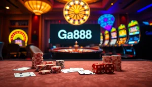 Ga888 gaming action at a vibrant casino table filled with cards and chips.