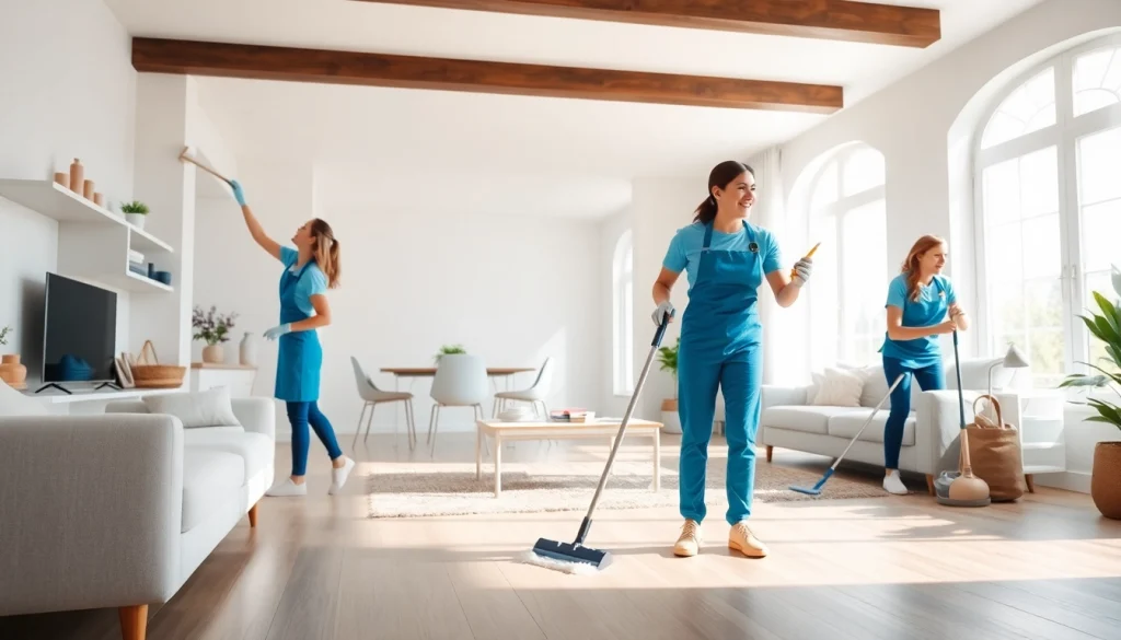 Cleaning service team efficiently cleaning a bright living room with professional tools.