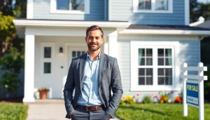 Showcase real estate agent in a professional setting with a modern home.