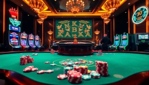 Exciting gameplay at cổng game 789club with vibrant slot machines and engaging casino tables.