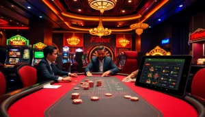 F8bet players engage at a vibrant poker table surrounded by exciting slot machines.