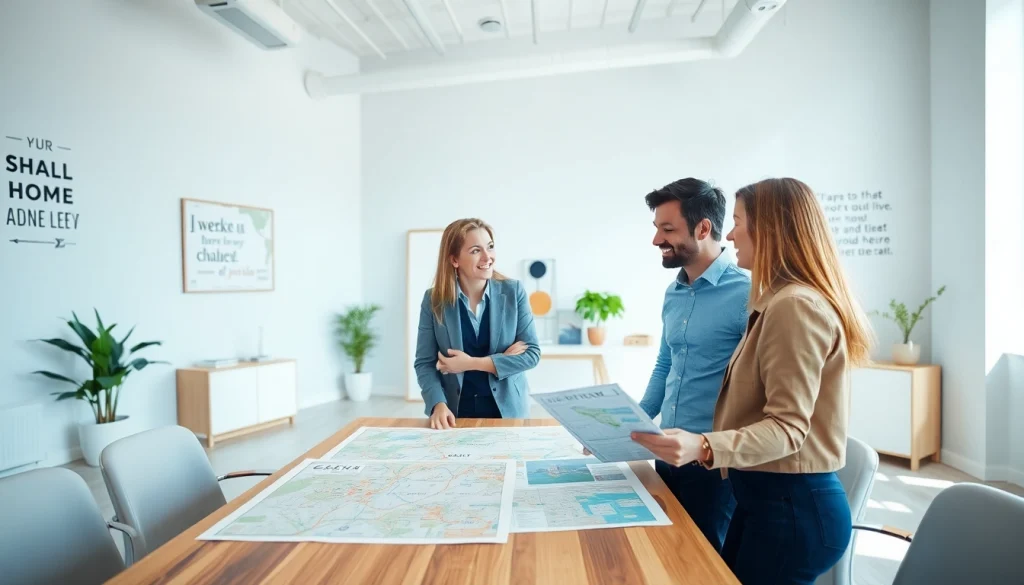Engaged couple discussing real estate options with a professional agent in a vibrant office.
