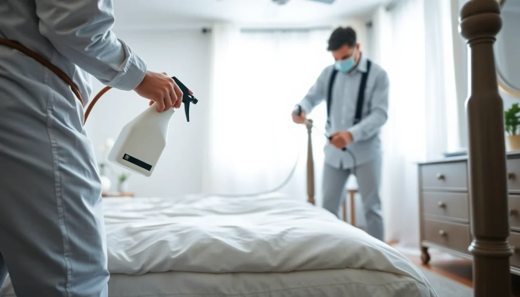 Extermination process by professionals at https://affordablebedbugexterminators.com in a clean bedroom.