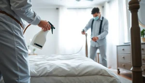 Extermination process by professionals at https://affordablebedbugexterminators.com in a clean bedroom.