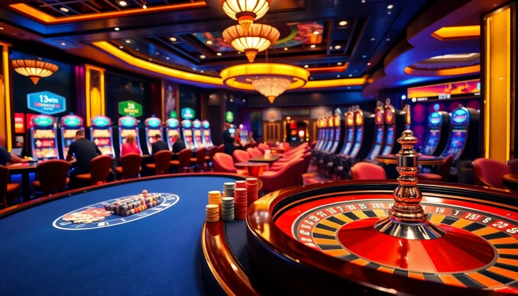 Experience the excitement of 13win with a vibrant casino scene featuring poker tables and slot machines.