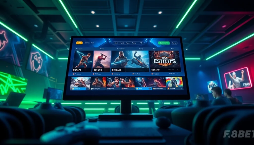 Dynamic online betting interface showcasing F8BET esports games in a vibrant gaming lounge.