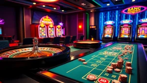 Engaging casino scene showcasing mm88 kjc online gambling excitement with vibrant tables and slot machines.