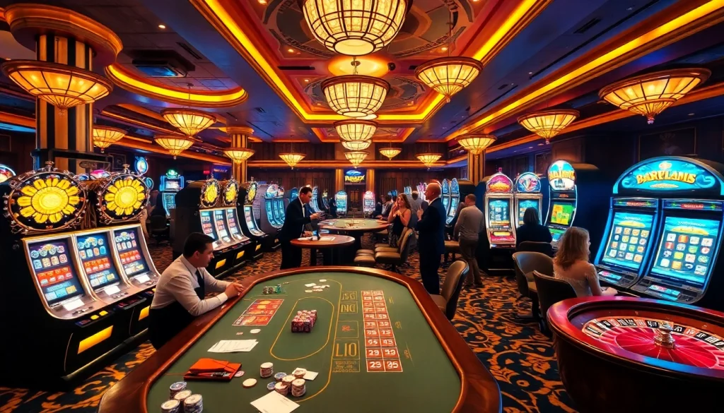 Experience the excitement of winning at the 7C77 one casino, featuring vibrant gaming tables and slot machines.