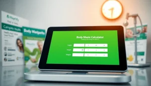 Engage with the bmi calculator on a sleek tablet surrounded by health materials in a bright environment.