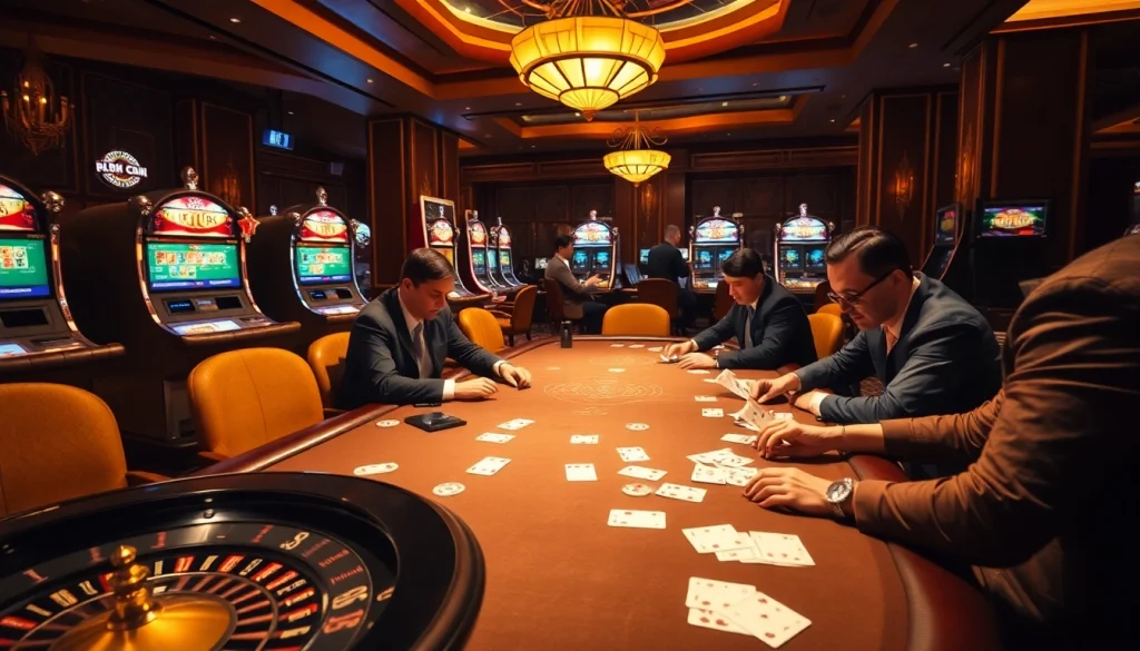 KJC casino scene with players engaging at a poker table amidst vibrant slot machines and roulette.