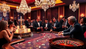 A vibrant casino atmosphere where players enjoy games surrounded by luxury diamond-themed decor.