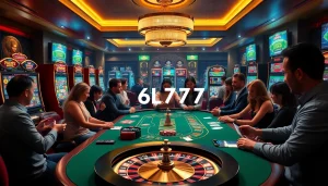 Players enjoying a high-stakes poker game and slot machines at 6L777 casino.
