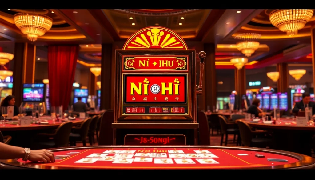 Nổ Hũ slot machine in a luxurious casino setting, featuring vibrant gameplay and elegant decor.