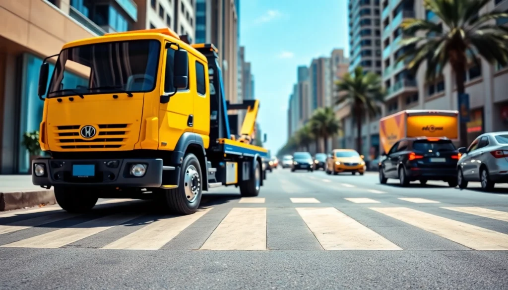 TRT Recovery UAE offers quick and reliable towing services in Dubai, showcasing urban landscape.