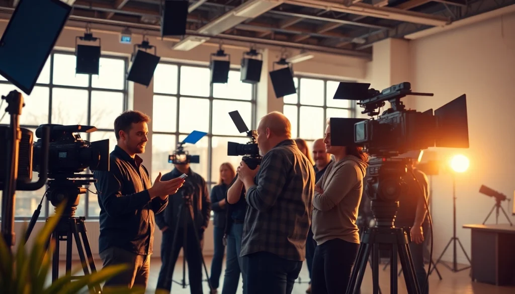 Video Production Company Calgary team collaborating creatively in a modern studio setup.