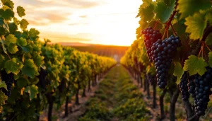 Grapes in a vineyard with sunset in Carksburg CA, showcasing serene beauty.